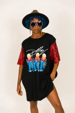 Fringe Co Party Tees Dolly Parton Red Sequin Sleeve Party Tee