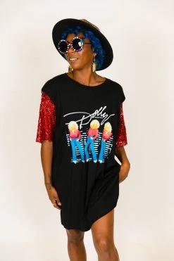 Fringe Co Party Tees Dolly Parton Red Sequin Sleeve Party Tee