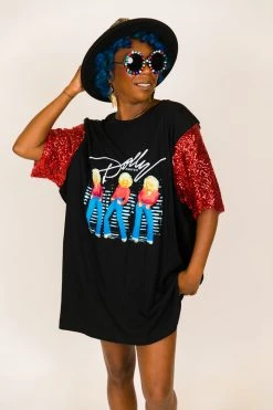 Fringe Co Party Tees Dolly Parton Red Sequin Sleeve Party Tee