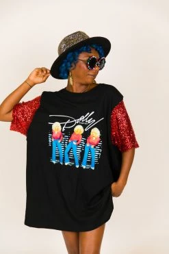 Fringe Co Party Tees Dolly Parton Red Sequin Sleeve Party Tee