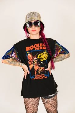 Fringe Co Elton John Blue Holographic Sequin Sleeve Party Tee Party Tees