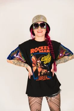 Fringe Co Elton John Blue Holographic Sequin Sleeve Party Tee Party Tees