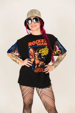 Fringe Co Elton John Blue Holographic Sequin Sleeve Party Tee Party Tees