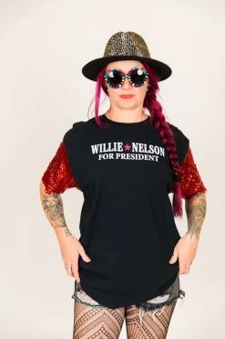 Fringe Co Willie Nelson For President Red Sequin Sleeve Party Tee Party Tees