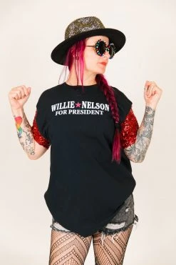 Fringe Co Willie Nelson For President Red Sequin Sleeve Party Tee Party Tees