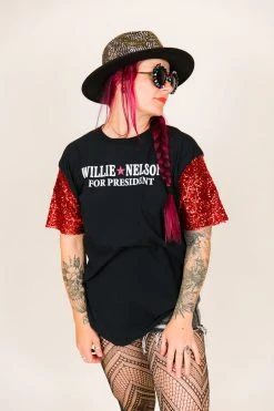 Fringe Co Willie Nelson For President Red Sequin Sleeve Party Tee Party Tees