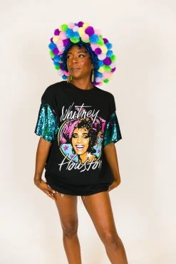 Fringe Co Whitney Houston Pink And Blue Sequin Sleeve Party Tee