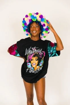 Fringe Co Whitney Houston Pink And Blue Sequin Sleeve Party Tee