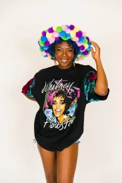 Fringe Co Whitney Houston Pink And Blue Sequin Sleeve Party Tee