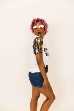 Fringe Co Party Tees Gayer Than U Rainbow Sequin Sleeve Party Tee