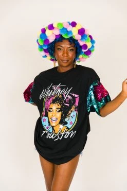 Fringe Co Whitney Houston Pink And Blue Sequin Sleeve Party Tee