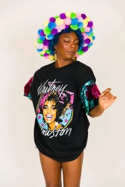 Fringe Co Whitney Houston Pink And Blue Sequin Sleeve Party Tee