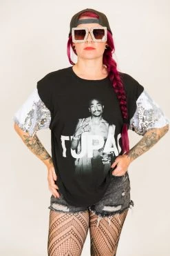 Fringe Co Party Tees Tupac White And Silver Sequin Sleeve Party Tee