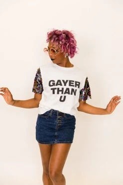 Fringe Co Party Tees Gayer Than U Rainbow Sequin Sleeve Party Tee