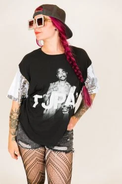 Fringe Co Party Tees Tupac White And Silver Sequin Sleeve Party Tee