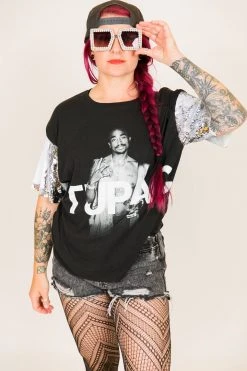 Fringe Co Party Tees Tupac White And Silver Sequin Sleeve Party Tee