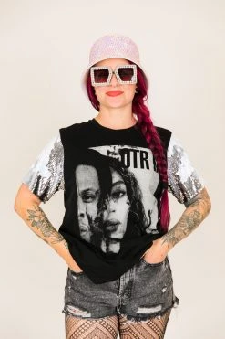 Fringe Co Beyonce OTR White And Silver Sequin Sleeve Party Tee Party Tees