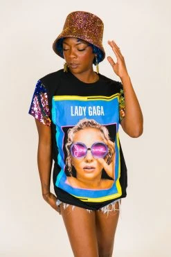 Fringe Co Lady Gaga Blue Holographic Sequin Sleeve Party Tee Party Tees