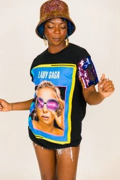 Fringe Co Lady Gaga Blue Holographic Sequin Sleeve Party Tee Party Tees