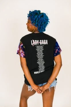 Fringe Co Lady Gaga Blue Holographic Sequin Sleeve Party Tee Party Tees