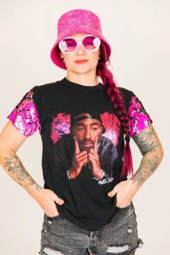 Fringe Co Party Tees Tupac Pink And Black Sequin Sleeve Party Tee