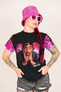 Fringe Co Party Tees Tupac Pink And Black Sequin Sleeve Party Tee