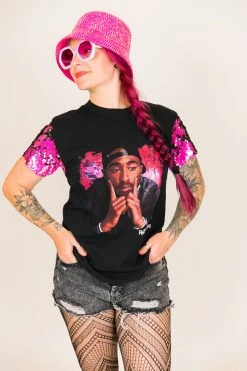 Fringe Co Party Tees Tupac Pink And Black Sequin Sleeve Party Tee