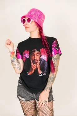 Fringe Co Party Tees Tupac Pink And Black Sequin Sleeve Party Tee