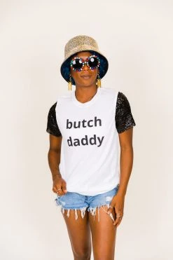 Fringe Co Butch Daddy Black Sequin Sleeve Party Tee