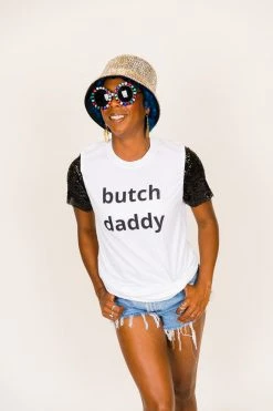 Fringe Co Butch Daddy Black Sequin Sleeve Party Tee