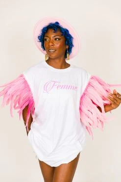 Fringe Co Party Tees Femme Pink Feather Sleeve Party Tee