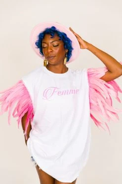 Fringe Co Party Tees Femme Pink Feather Sleeve Party Tee