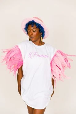 Fringe Co Party Tees Femme Pink Feather Sleeve Party Tee