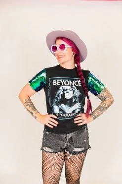 Fringe Co Beyonce Green Iridescent Sequin Sleeve Party Tee