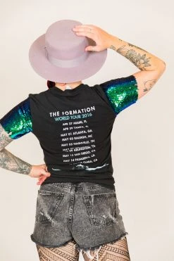 Fringe Co Beyonce Green Iridescent Sequin Sleeve Party Tee