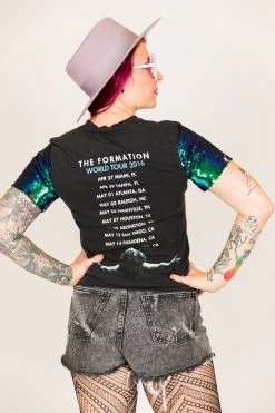 Fringe Co Beyonce Green Iridescent Sequin Sleeve Party Tee