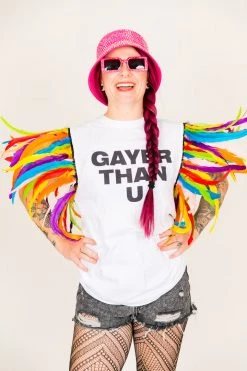 Fringe Co Gayer Than You Rainbow Feather Sleeve Party Tee