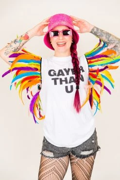 Fringe Co Gayer Than You Rainbow Feather Sleeve Party Tee