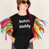Fringe Co Butch Daddy Black Tee With Rainbow Feather Sleeves Party Tees