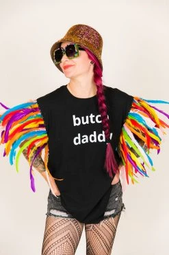 Fringe Co Butch Daddy Black Tee With Rainbow Feather Sleeves Party Tees