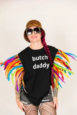 Fringe Co Butch Daddy Black Tee With Rainbow Feather Sleeves Party Tees