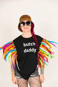 Fringe Co Butch Daddy Black Tee With Rainbow Feather Sleeves Party Tees
