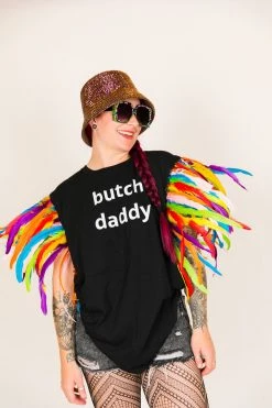 Fringe Co Butch Daddy Black Tee With Rainbow Feather Sleeves Party Tees