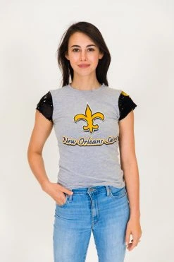 Fringe Co New Orleans Saints Black And Gold Sequin Sleeve Party Tee Party Collection