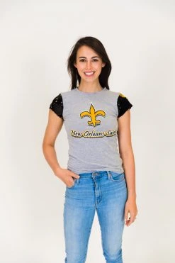 Fringe Co New Orleans Saints Black And Gold Sequin Sleeve Party Tee Party Collection