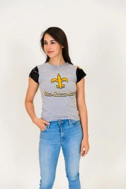 Fringe Co New Orleans Saints Black And Gold Sequin Sleeve Party Tee Party Collection