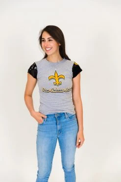 Fringe Co New Orleans Saints Black And Gold Sequin Sleeve Party Tee Party Collection