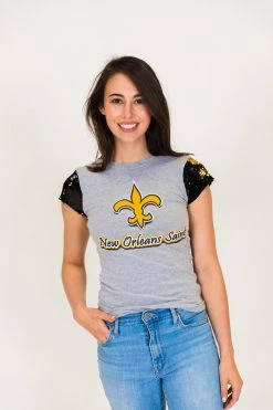 Fringe Co New Orleans Saints Black And Gold Sequin Sleeve Party Tee Party Collection