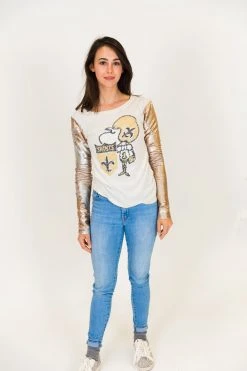 fringe co shop 47 Fringe Co New Orleans Saints Champagne Gold Sequin Sleeve Party Tee