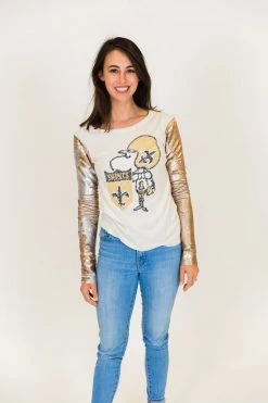 Fringe Co New Orleans Saints Champagne Gold Sequin Sleeve Party Tee